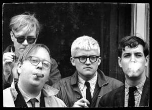Andy Warhol, Henry Geldzahler, David Hockney, and Jeff Goodman, 1963. USA. 6.79 x 9.74 inches. © The Dennis Hopper Trust, Courtesy of The Dennis Hopper Trust.